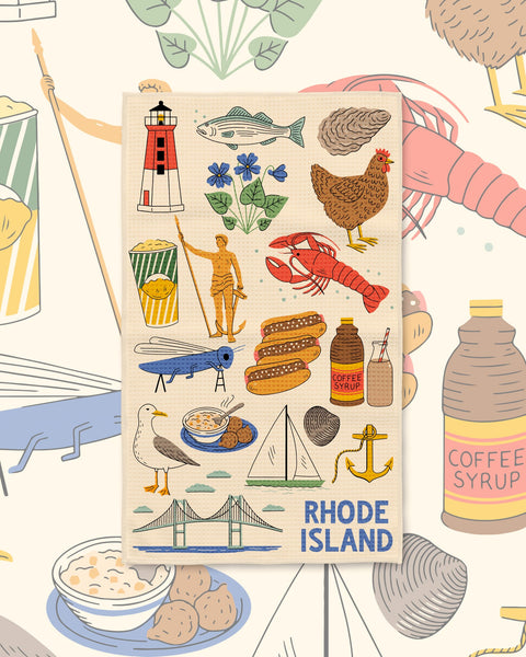 Rhode Island Kitchen & Tea Towel with Rhode Island icons like a lighthouse, lobster, hot dogs and sailboat on cream