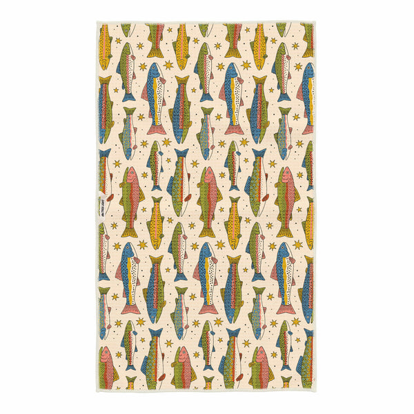 River Trout Kitchen & Tea Towel with colorful fish pattern, eco-friendly, super absorbent, quick-drying, made from recycled materials.