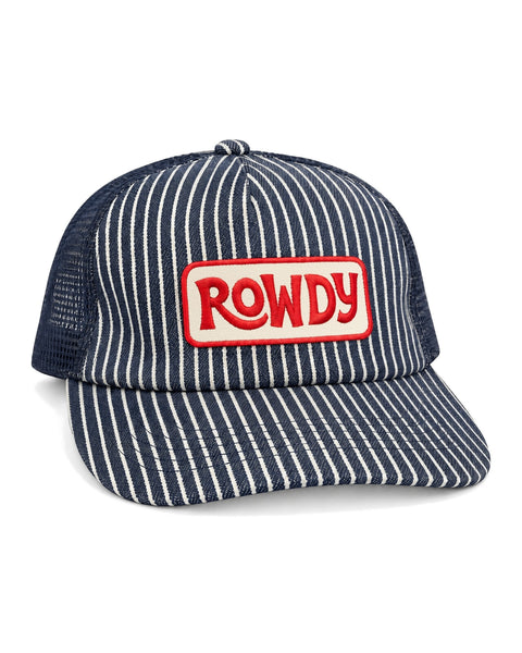Rowdy Hat, a navy and white pinstriped trucker cap with mesh back and a red and cream ROWDY patch, on white.