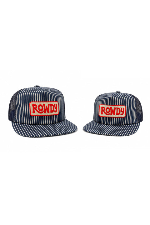 Two navy blue and white pinstriped (train style) Trek Light hats with a red and white 'ROWDY' patch on the front, shown against a plain white background.