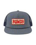 Rowdy Kids Hat, a navy and white striped trucker cap with mesh back and red ROWDY patch, shown alone on a white background.