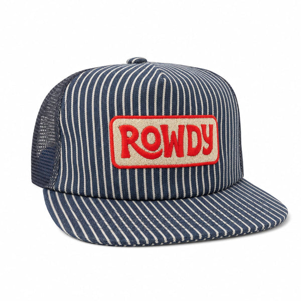 Rowdy Kids Hat with striped design and red logo, perfect for sunny days and adventures.