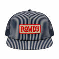 Rowdy Kids Hat featuring a striped design and a bold red logo, perfect for adventures and sunny days.
