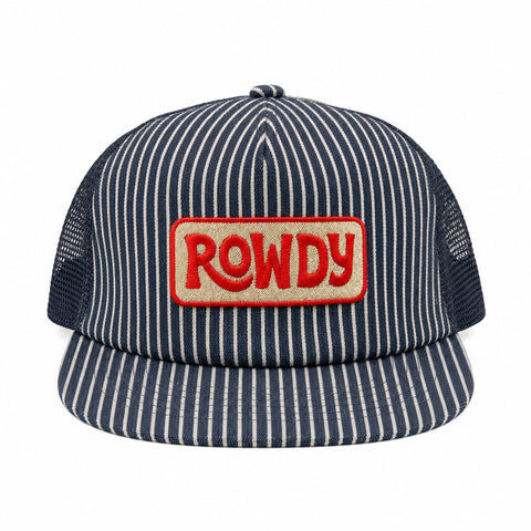 Rowdy Kids Hat featuring a striped design and a bold red logo, perfect for adventures and sunny days.