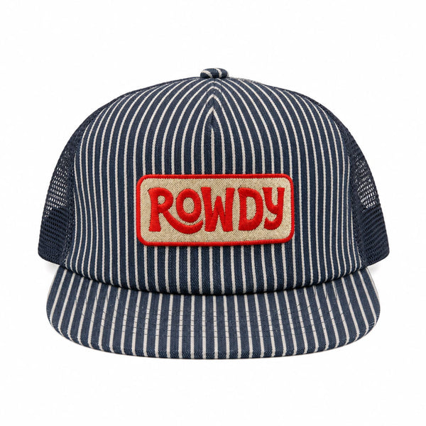 Rowdy Kids Hat featuring a striped design and a bold red logo, perfect for adventures and sunny days.