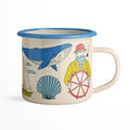 Salty Seas Enamel Mug 16oz with nautical design, featuring ship, whale, sailor, and seashell graphics. Camp-style, vintage flair.