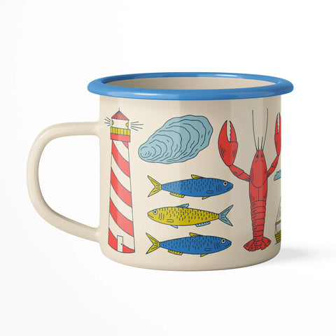 Salty Seas Enamel Mug 16oz with nautical design including lighthouse, fish, and lobster, perfect for campfires and cozy mornings.