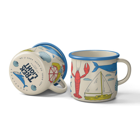 Salty Seas Enamel Mug 16oz with nautical theme including sailboat and sea creatures, perfect for camping and cozy mornings.