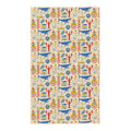 Salty Seas kitchen tea towel with colorful nautical print: blue whales, red lobsters, lighthouses, sailboats, seagulls