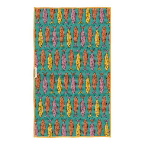 Sardine School Kitchen Tea Towel with vibrant fish pattern, eco-friendly and super absorbent, made from 100% recycled materials.