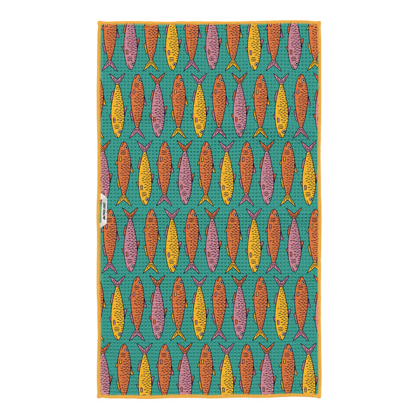 Sardine School Kitchen Tea Towel with vibrant fish pattern, eco-friendly and super absorbent, made from 100% recycled materials.