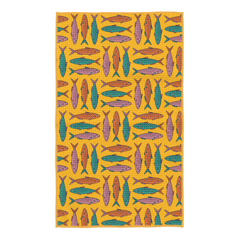 Sardine School Kitchen Tea Towel with vibrant fish pattern, made from 100% recycled materials, eco-friendly, and super absorbent.