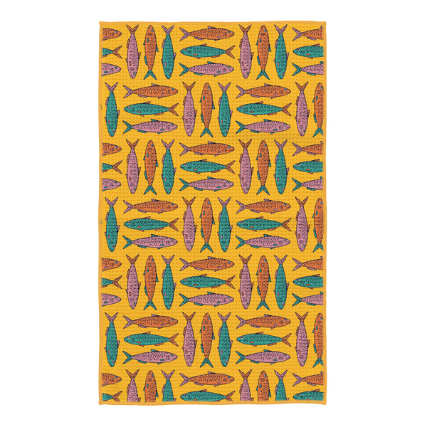 Sardine School Kitchen Tea Towel with vibrant fish pattern, made from 100% recycled materials, eco-friendly, and super absorbent.
