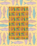 Sardine School Kitchen & Tea Towel with rows of teal and orange sardines on a golden yellow background