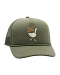 Silly Goose Kids Hat in olive green foam and mesh with a walking goose in rain boots and orange text, on white.