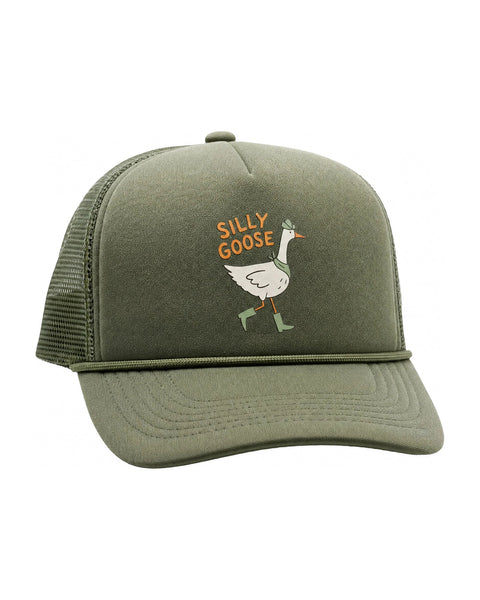 Silly Goose Kids Hat in olive green foam and mesh with a walking goose in rain boots and orange text, on white.