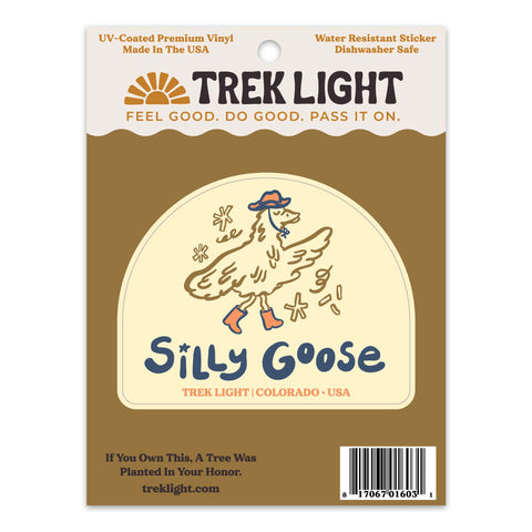 Silly Goose Sticker by Trek Light. USA made, waterproof, UV fade resistant. Perfect for outdoor and dishwasher use. Size: 3.4" x 1.6".