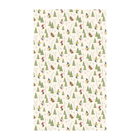 Snow Day kitchen towel featuring a vibrant winter theme with skiers and trees, eco-friendly and absorbent for drying and cleaning.