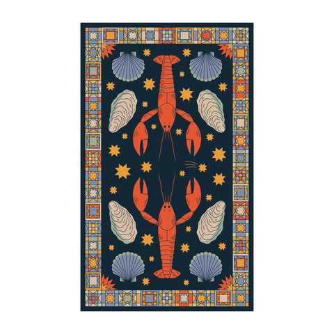 Snug Harbor Kitchen & Tea Towel with lobster and shell pattern, eco-friendly, 100% recycled, vibrant design, perfect for drying.