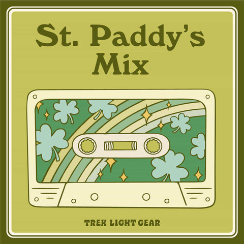 Vintage cassette design for St. Paddy's Mix by Trek Light Gear, featuring a playful shamrock theme on a green background.