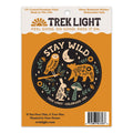 "Stay Wild" sticker on backing card with animal design, made in the USA, waterproof vinyl, UV and dishwasher safe.