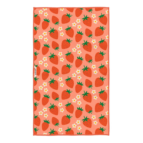 Strawberry Letter Kitchen Tea Towel featuring vibrant strawberries and floral pattern, perfect for kitchen decor and functionality.