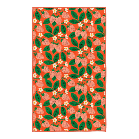 Strawberry Letter Kitchen Tea Towel with vibrant strawberry and leaf pattern on an orange background, perfect for kitchen decor.
