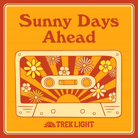 Retro cassette tape design with flowers and sunburst, paired with 'Sunny Days Ahead' text. Perfect for Trek Light vibes.