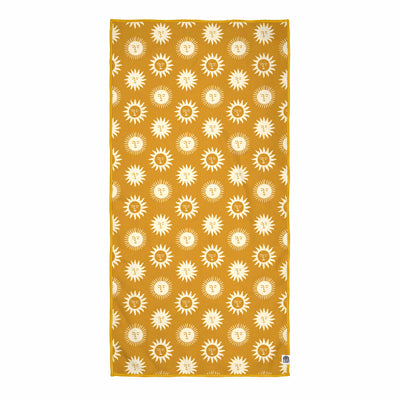Sunny Wander & Travel Towel with sun pattern, sand-resistant and quick-dry, made from 100% recycled materials, eco-friendly design.