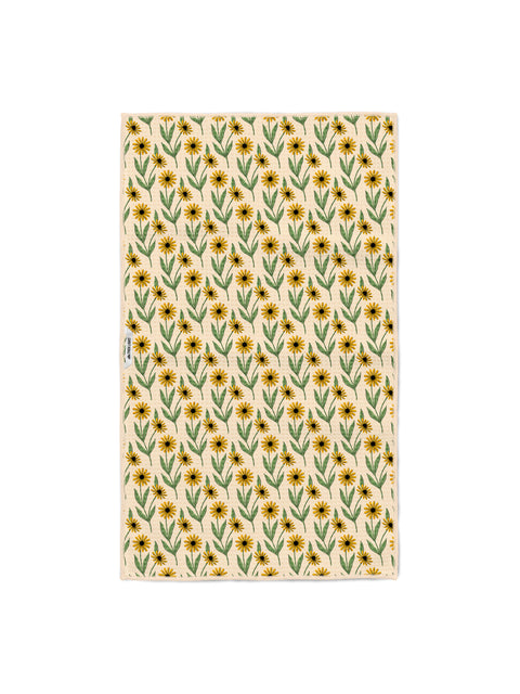 Black-eyed Susan floral back side of the Tennessee kitchen tea towel in yellow and green on cream microfiber