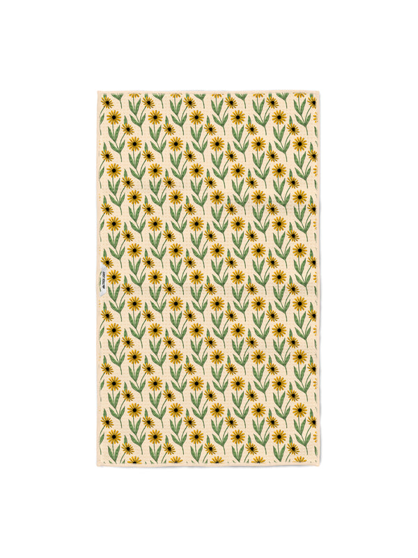 Black-eyed Susan floral back side of the Tennessee kitchen tea towel in yellow and green on cream microfiber