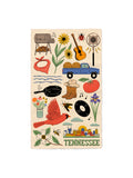 Tennessee kitchen tea towel with cardinal, guitar, cowboy boots, tomato, vinyl record and Nashville skyline on cream