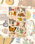Texas Kitchen & Tea Towel with Texas icons like an armadillo, longhorn cow, guitar and state flag on cream