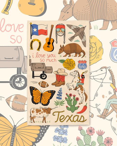 Texas Kitchen & Tea Towel with Texas icons like an armadillo, longhorn cow, guitar and state flag on cream