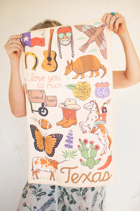 Texas Kitchen & Tea Towel featuring vibrant Texas-themed designs and patterns.