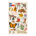 Texas Kitchen & Tea Towel with vibrant Texas-themed illustrations including a guitar, armadillo, and cowboy boots.