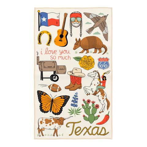 Texas Kitchen & Tea Towel with vibrant Texas-themed illustrations including a guitar, armadillo, and cowboy boots.