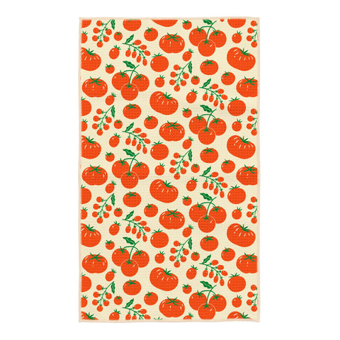 Tomato Vine Kitchen Tea Towel with red tomato pattern on beige background