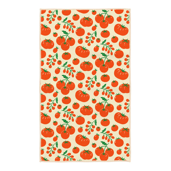 Tomato Vine Kitchen Tea Towel with red tomato pattern on beige background