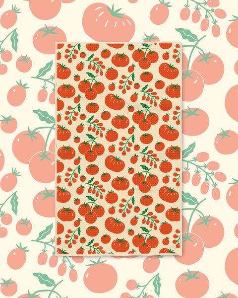 Tomato Time Kitchen & Tea Towel with red tomatoes and green vines on a cream background