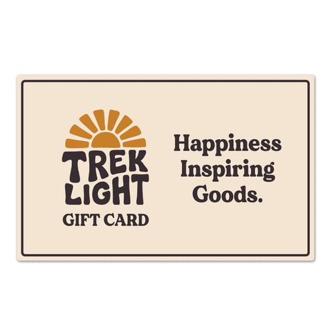 Trek Light gift card with 'Happiness Inspiring Goods' text, perfect for gift giving and digital delivery to email.