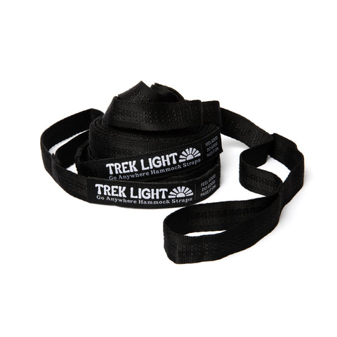 Trek Light black hammock straps coiled and ready for easy setup with any double hammock, perfect for travel and outdoor relaxation.