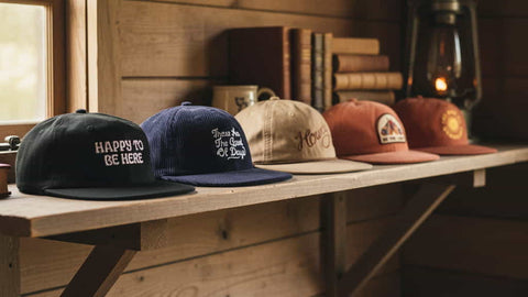 Row of stylish Trek Light hats displayed on a wooden shelf next to books and a vintage lantern, showcasing various designs and colors.