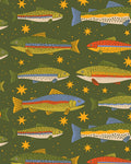Double Hammock & Pro Hanging Straps in a trout print of colorful rainbow trout and yellow stars on olive green fabric.