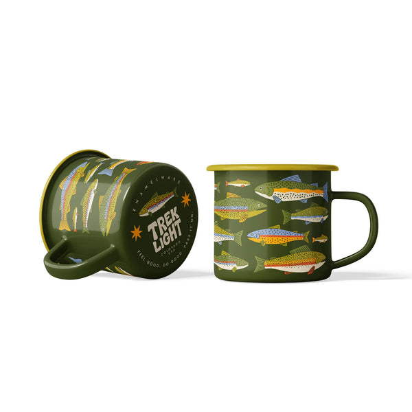 Trout Lover Gift Set 16oz enamel mug featuring colorful trout patterns against a dark green background.