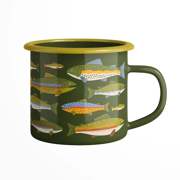 Trout Mug - Enamel 16oz Mug with vintage design, ideal for camping and home use, lightweight and fire-safe.