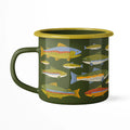 Trout Mug - Enamel 16oz Mug with colorful trout illustrations, camp-style enamelware perfect for coffee, lightweight and durable.
