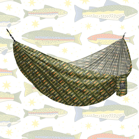 Double Hammock (Trout) - Hanging Straps Sold Separately with fish patterns, perfect for camping and relaxation.