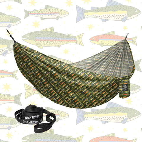 Double Hammock & Pro Hanging Straps (Trout Print) ultralight ripstop nylon camping hammock with tree-friendly straps