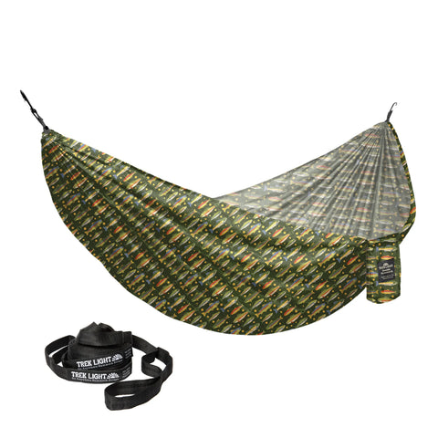 Double Hammock & Pro Hanging Straps (Trout Print) ripstop nylon camping hammock with tree-friendly straps and stuff sack